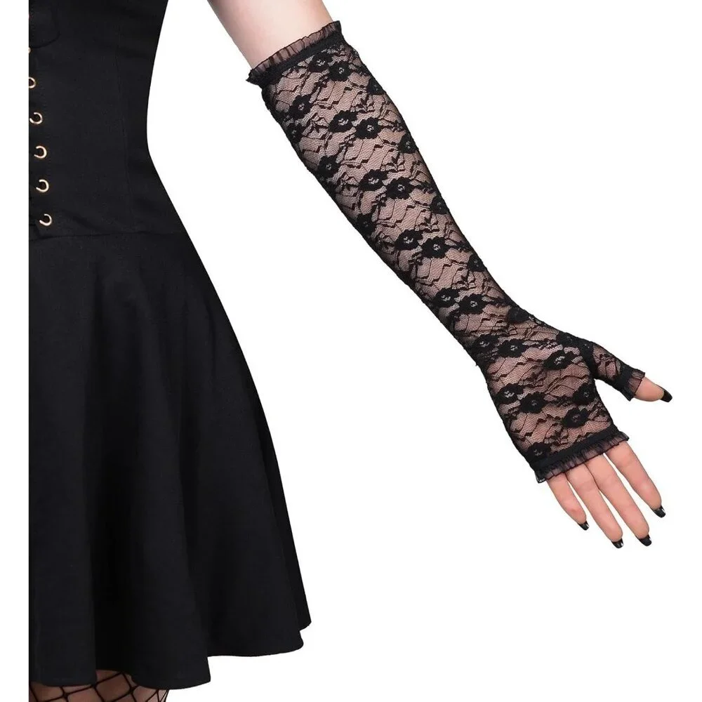 Women's Halloween Black 3 Dress Fingerless Spider Gothic Playing Lace Gloves